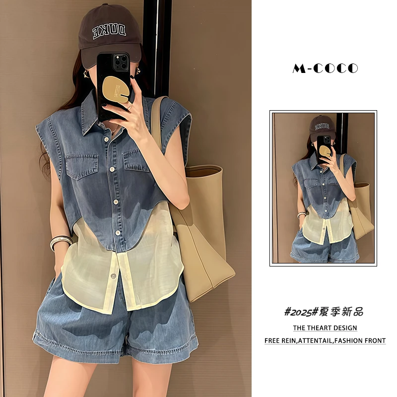 休闲时尚套装女2025夏季新款韩系减龄牛仔拼接上衣百搭短裤两件套