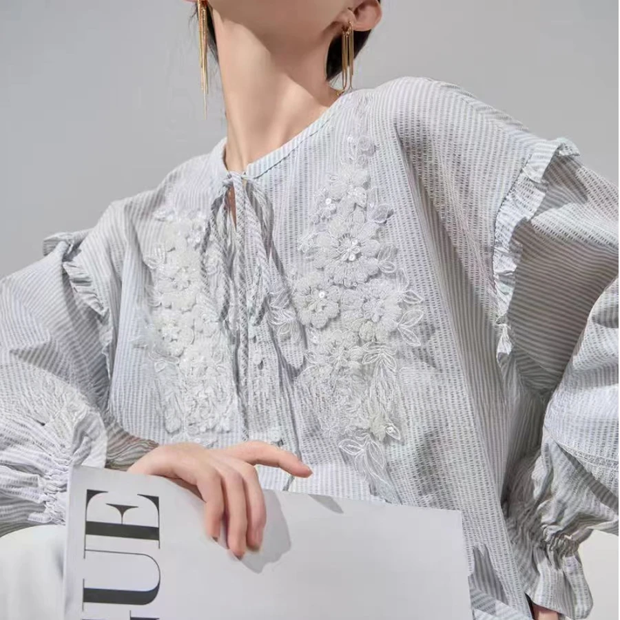 【珠韵流苏】2025新款精致绝美小上衣立体刺绣蓝色衬衫衬衣.Y8513