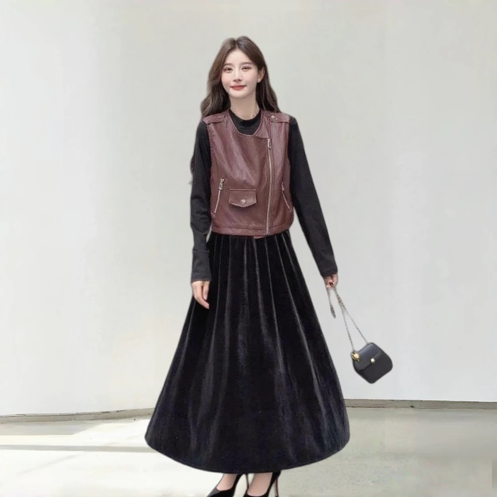 T506日系休闲休闲风赫本风时尚套装马夹女装无袖秋冬百搭