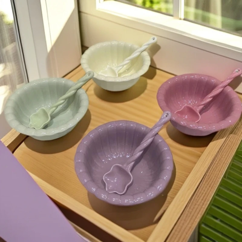 【云朵碗+麻花勺】陶瓷碗少女心小汤碗勺家用装汤碗学生可爱餐具