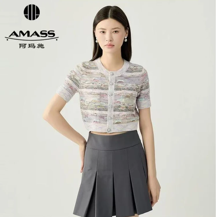 AMASS/阿玛施新款小香风靓丽色彩炫腹圆领印花针织开衫短袖548020