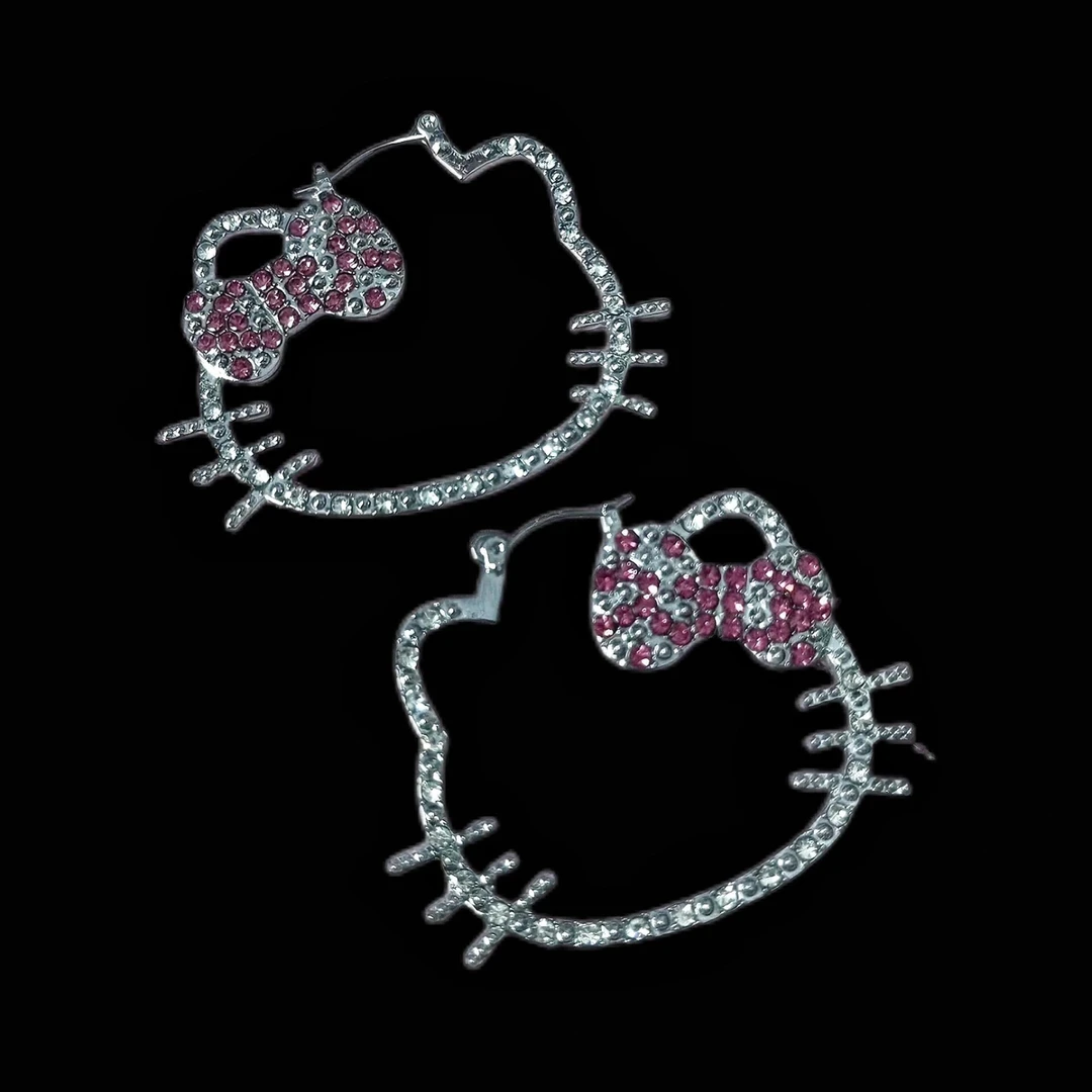 古着vintage时尚复古满钻kt猫素圈夸张耳饰可爱耳环抗过敏细针