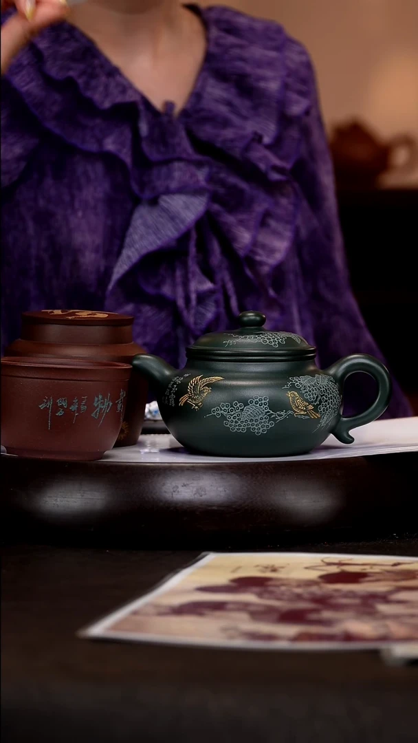 茶壶紫砂SDH59仿古生竹翠340cc