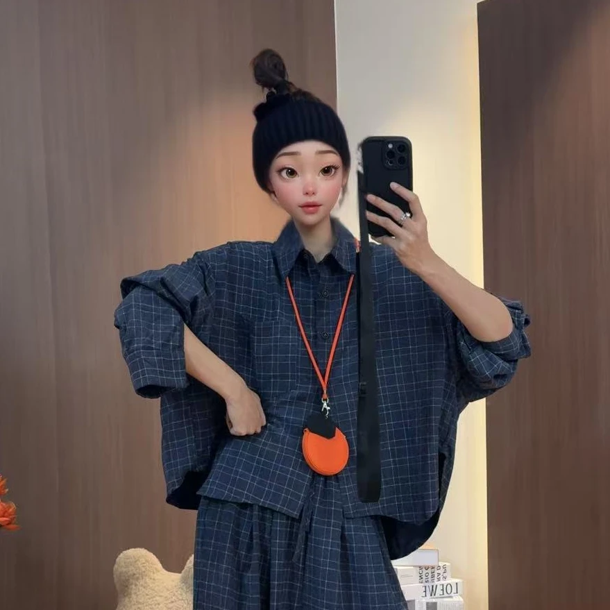 【文乐乐】秋季新款韩版洋气松弛慵懒风时尚休闲潮流格子衬衫99008