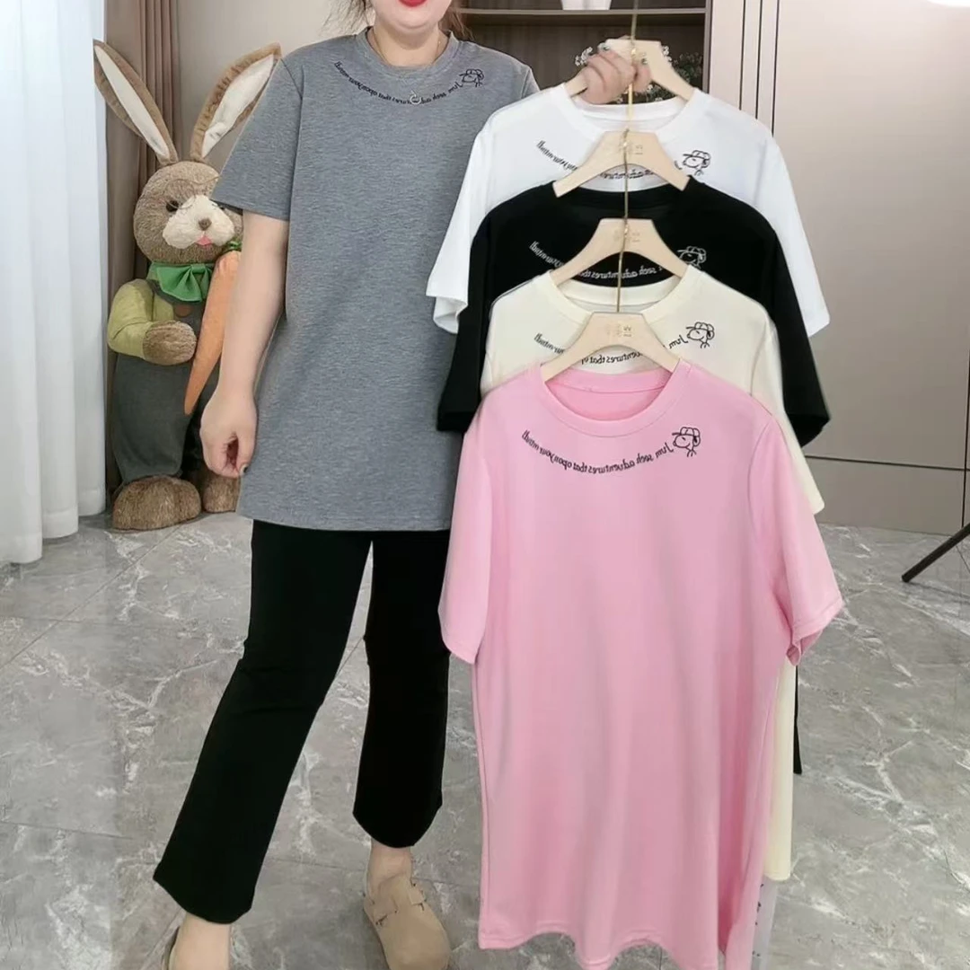 62197正肩刺绣小狗中长款短袖T恤