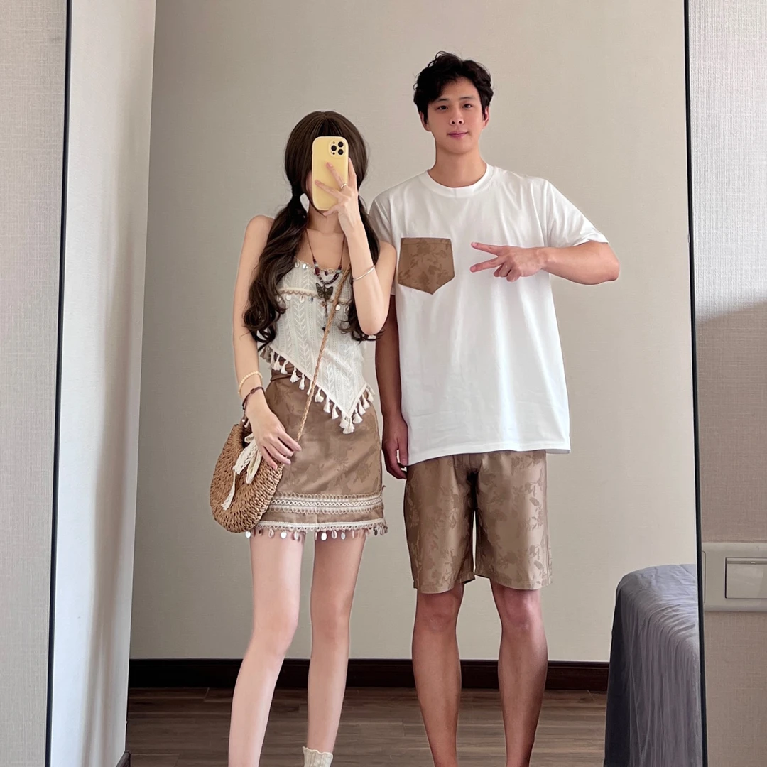 情侣装夏季小众设计感辣妹吊带民族风女三件套男短袖T恤时尚套装