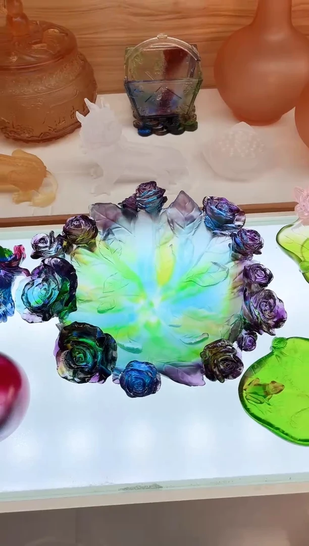 手工艺品琉璃彩色玫瑰花花瓶28公分