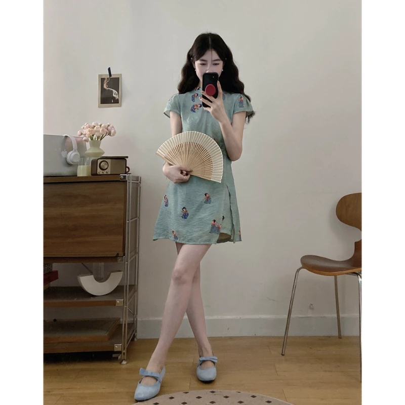 大码国风新中式气质时尚套装2025年夏季新款改良旗袍连衣裙+短裤