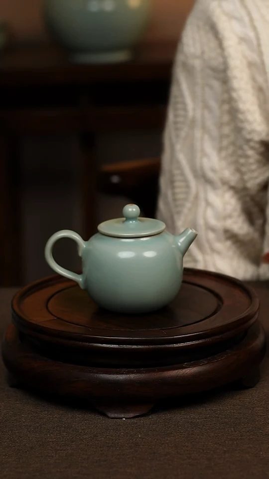 瓷片仿古天青全手工小苹果壶150ml 微瑕 不带礼盒