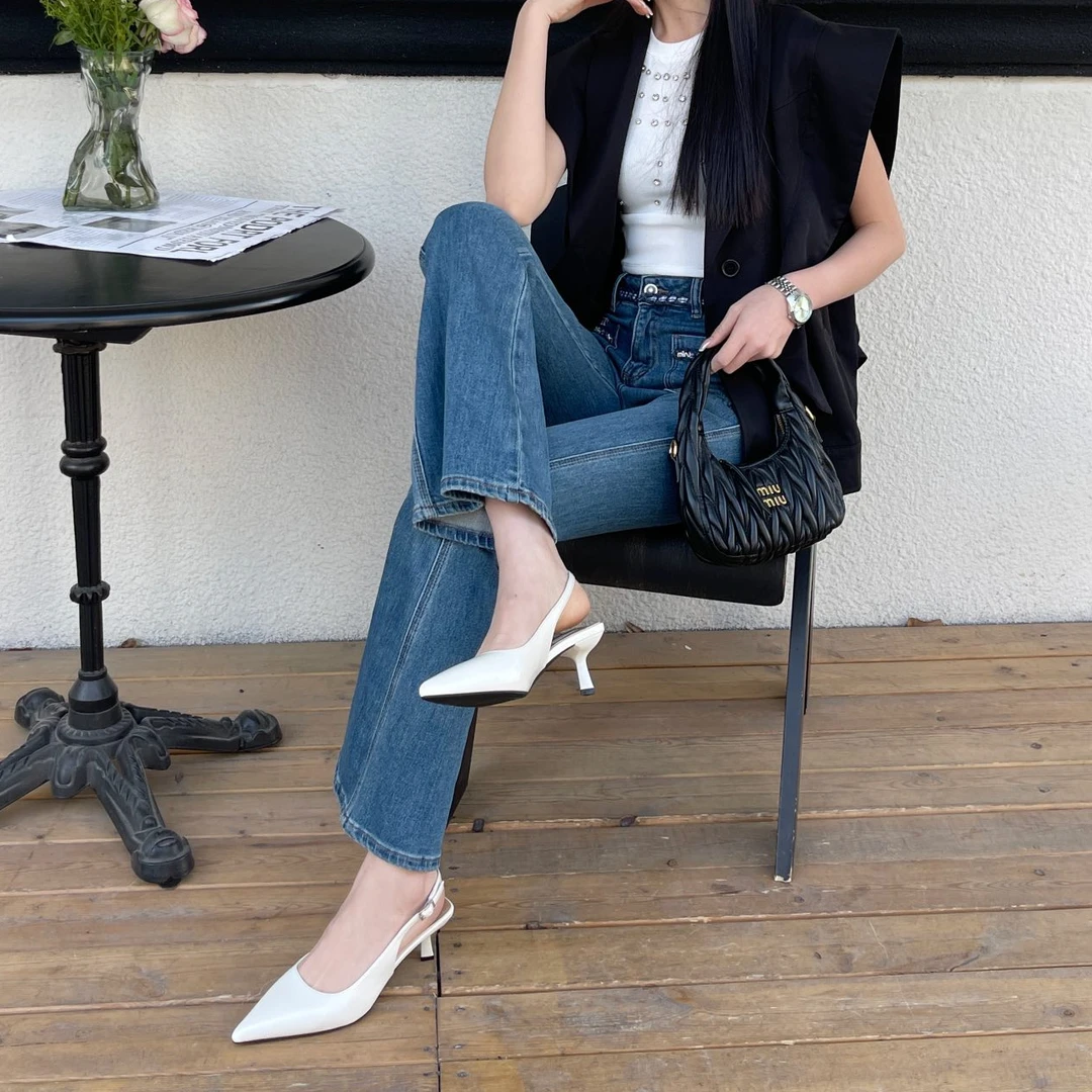 尖头气质单鞋2025春夏新款通勤细跟包头凉鞋法式轻奢后空高跟鞋
