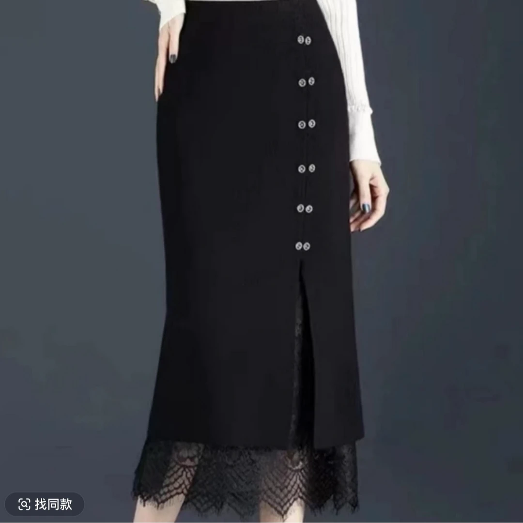 秋冬新款时尚百搭洋气中高腰蕾丝显瘦开叉包臀裙气质中长裙