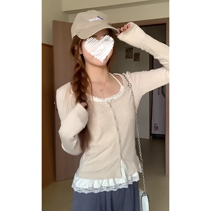2025春新款蕾丝挂脖假两件长袖T恤女设计感小众修身显瘦辣妹上衣