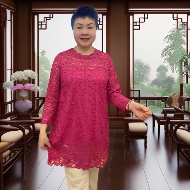 2196新款镂空感显胖上衣MM瘦气质女中长款打底蕾丝衫春季轻奢减龄