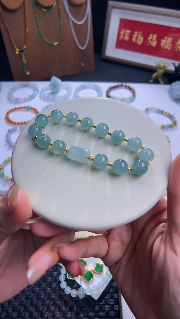 足金镶嵌手串翡翠大卡海蓝之谜！卡10圆珠晴底果冻料！豪横！大气！
