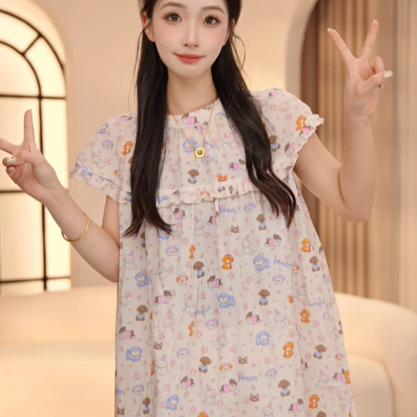 VINEEMAN【晚安小狗】韩系可爱轻奢夏季新款短袖睡裙款家居服连衣裙