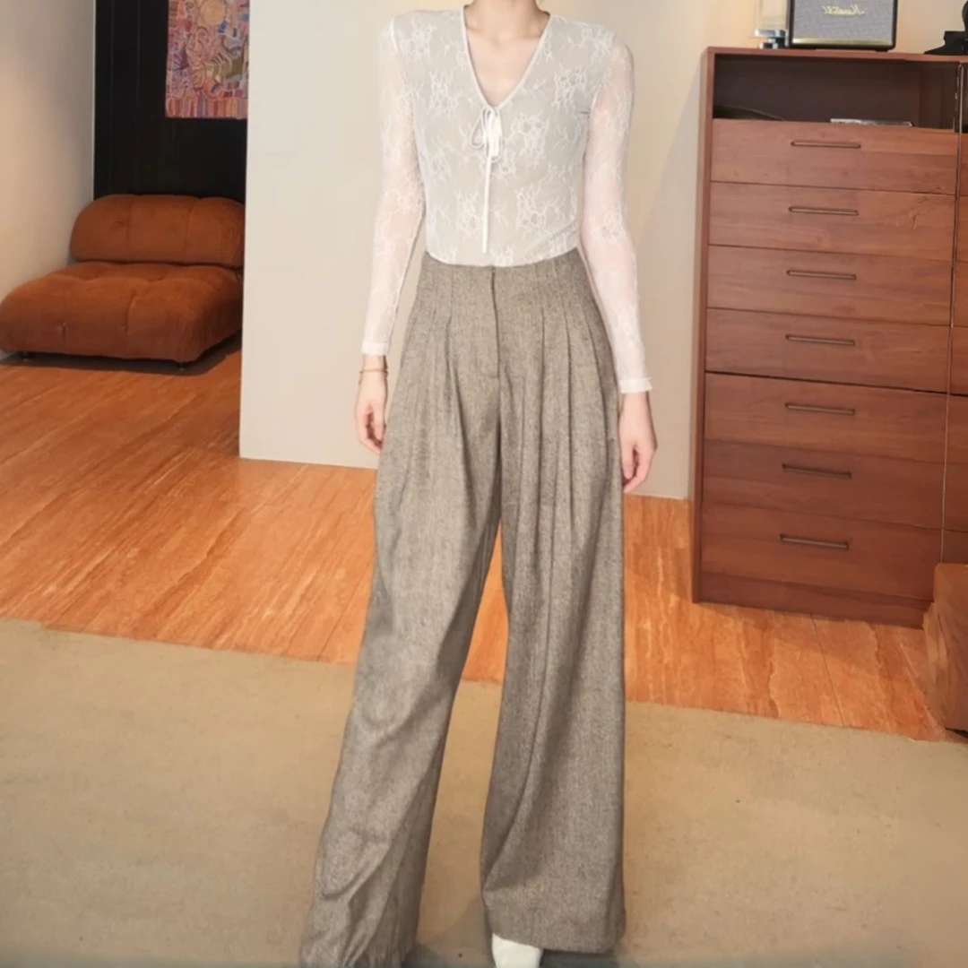 【现货】秋季新款针织气质感蕾丝上衣+长裤女垂感休闲裤YY-80001