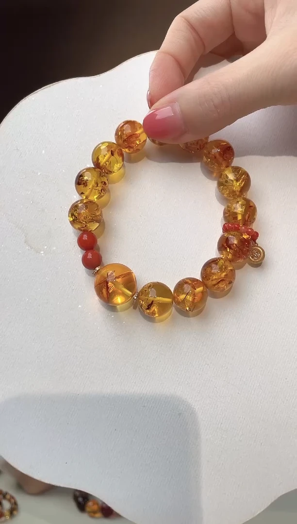裸石琥珀未镶嵌14+花珀圆珠手串 设计