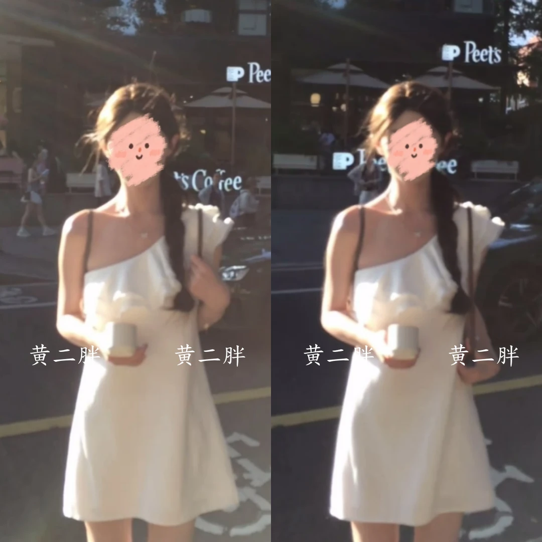 法式荷叶边露肩斜领连衣裙女韩系甜美无袖小白裙a字短裙夏季新款