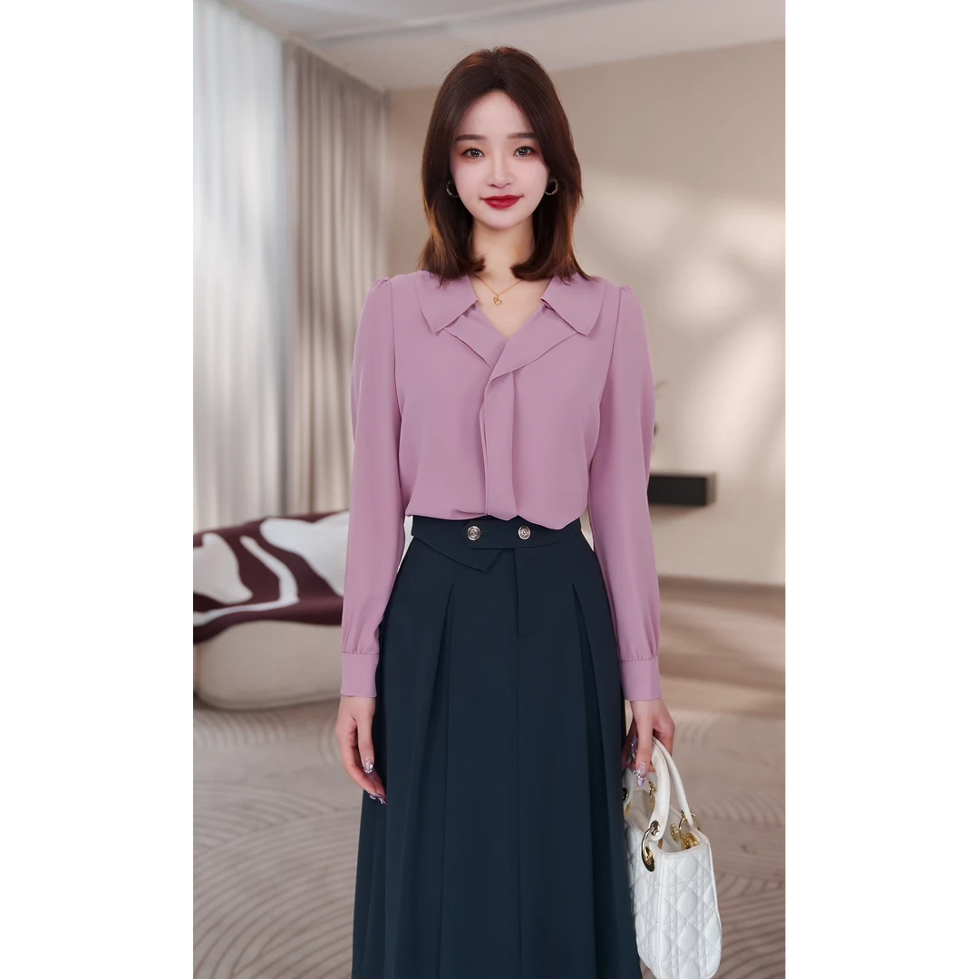 【曼贝】长袖衬衫女时尚设计小众轻熟宽松气质减龄衬衣8492102佳莹