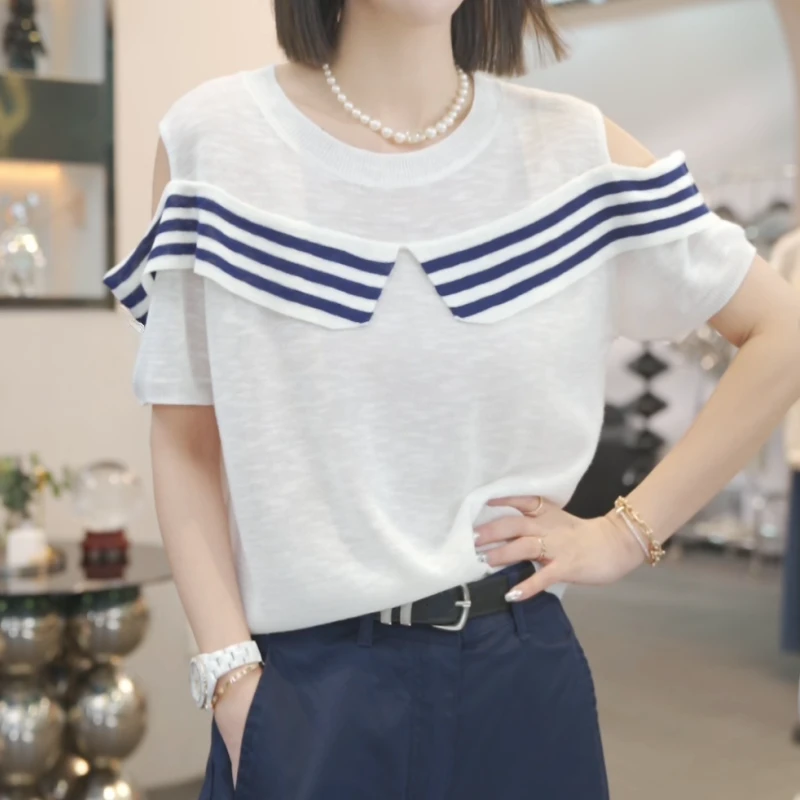 【条纹点缀】2025夏季新款时尚针织设计师百搭显瘦上衣LK2504009