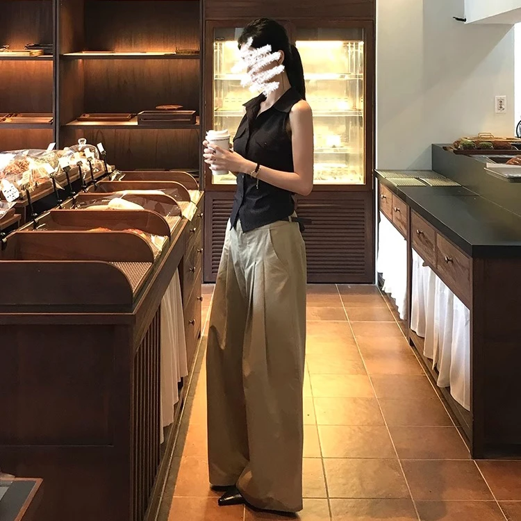 黑色无袖气质衬衫上衣女夏季韩系条纹设计感露背衬衣