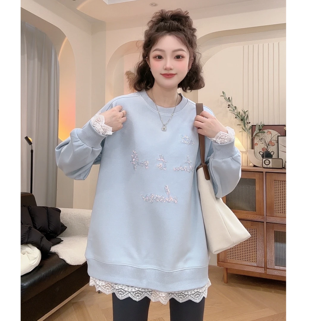 【蕾丝佳人】春新款韩版小众设计宽松拼接重工亮片卫衣