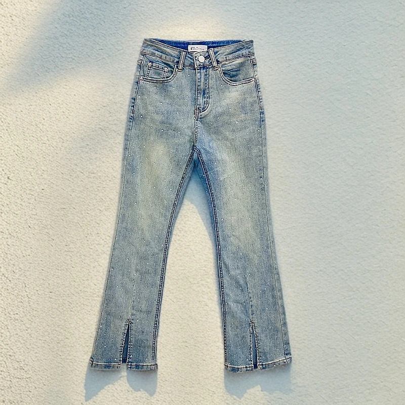 2025春季时尚闪亮牛仔喇叭裤女新款高腰修身显瘦宽松长款百搭裤