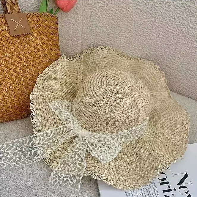蝴蝶结蕾丝绑带大檐草帽  06070