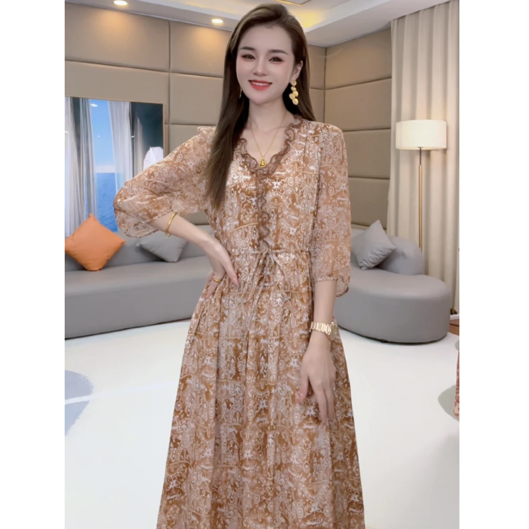 《静静心选》“日落棕榈”洋气收腰显瘦印花真丝连衣裙80181