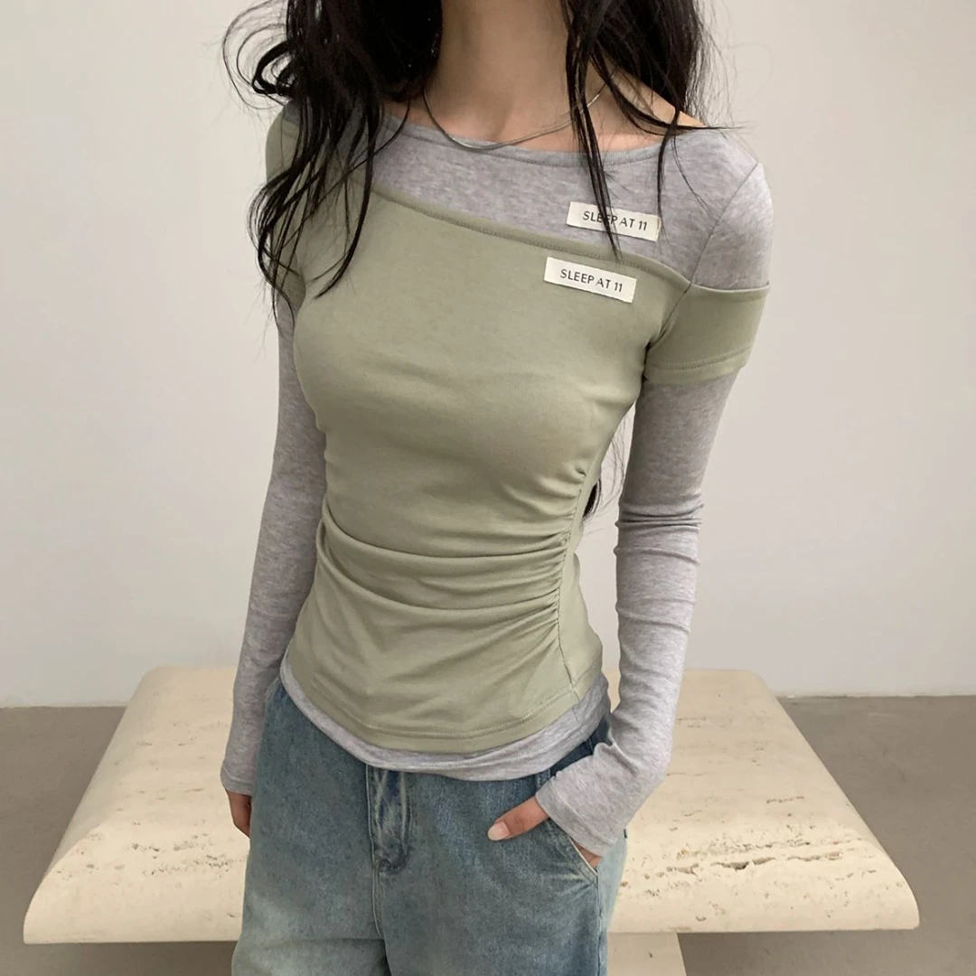 QYao Girls莱赛尔羊毛体肤感拼接撞色假两件针织打底衫T恤上衣
