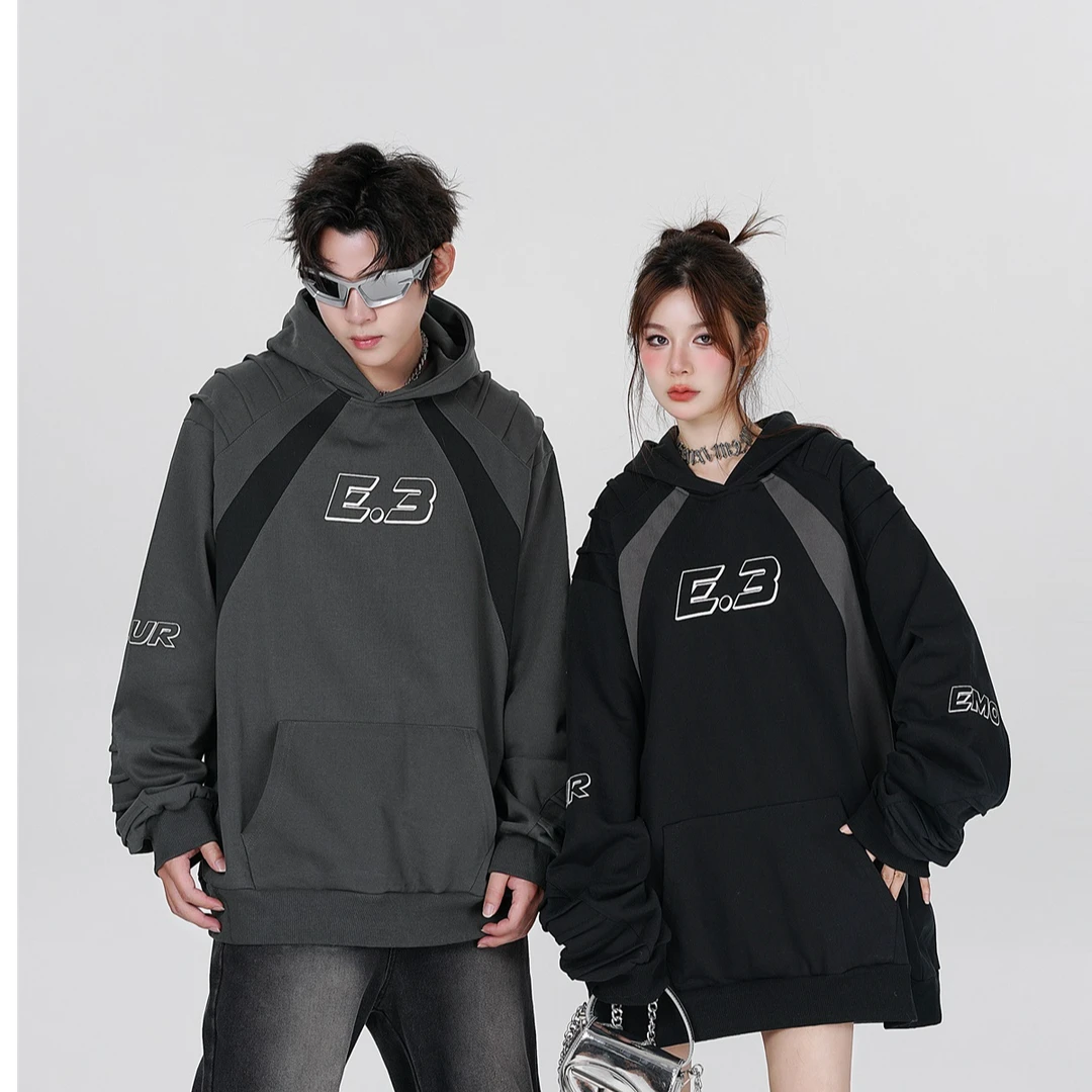 机能风拼色连帽卫衣宽松设计感长袖卫衣男女