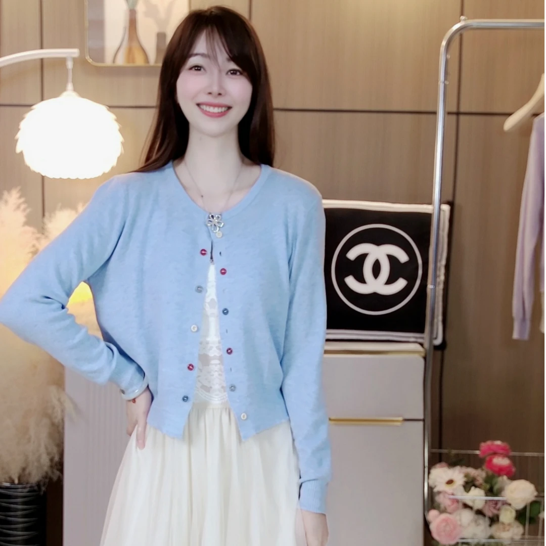 秋季长袖显瘦毛针织衫百搭蓝色毛衣上衣纯色衫薄款时尚气质小香风