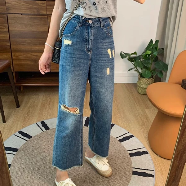 破洞毛边九分直筒牛仔裤夏季新款大码梨形身材显瘦小个子阔腿裤子