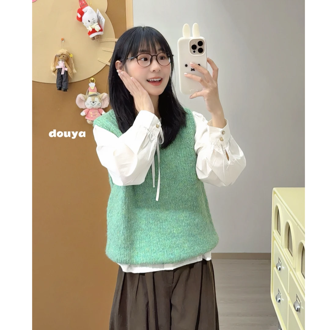 豆芽大王【四叶草】韩版春季纯色叠穿百搭宽松软糯无袖针织马甲背心