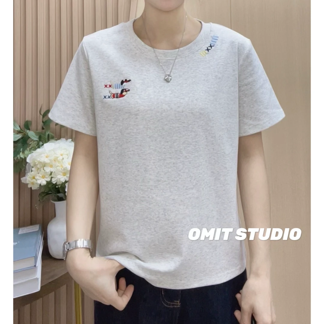 【腊肠小狗】新款正肩弹力棉修身刺绣工艺常规短袖