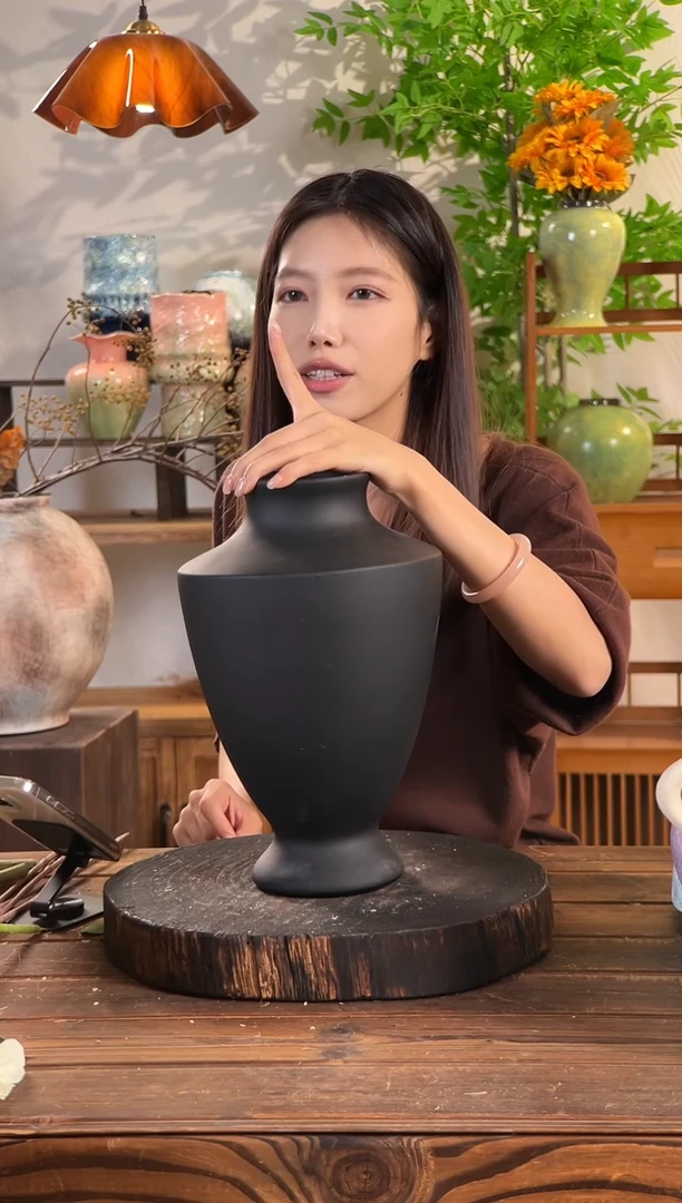 【雅黑奖杯大号】哑光黑奖杯高级无孔简约艺术插花陶瓷花瓶花盆