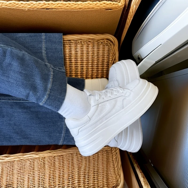 100%头层牛皮秋冬新款加绒厚底休闲鞋女小个子增高（羊皮）里小白鞋