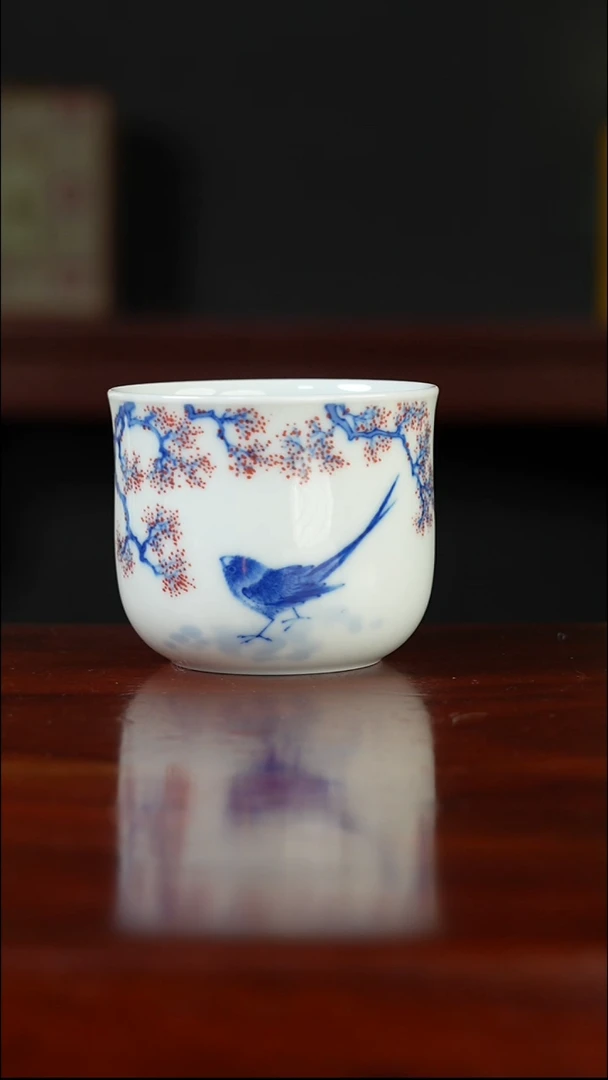 祖传窑  真柴窑传承400年花鸟点红卧足杯