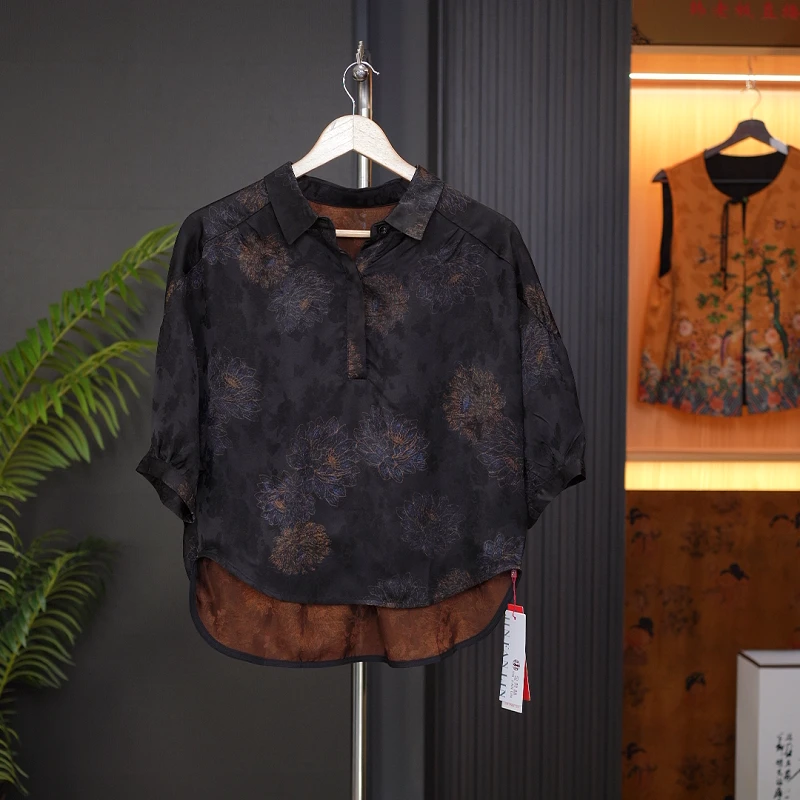 【海棠花衬衫】新中式中国风重磅香云纱设计款衬衫蝙蝠袖洋气气质