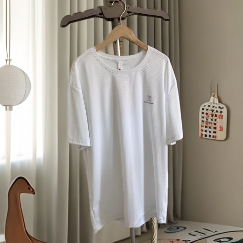 2025短袖宽松型夏季男士冰爽冰丝T恤t恤运动风白色舒适透气速干