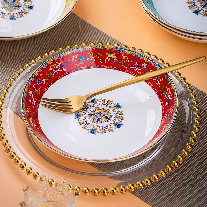 景德镇珐琅彩宫廷风易清洗菜盘家用陶瓷饭盘深盘汤盘8英寸红餐具