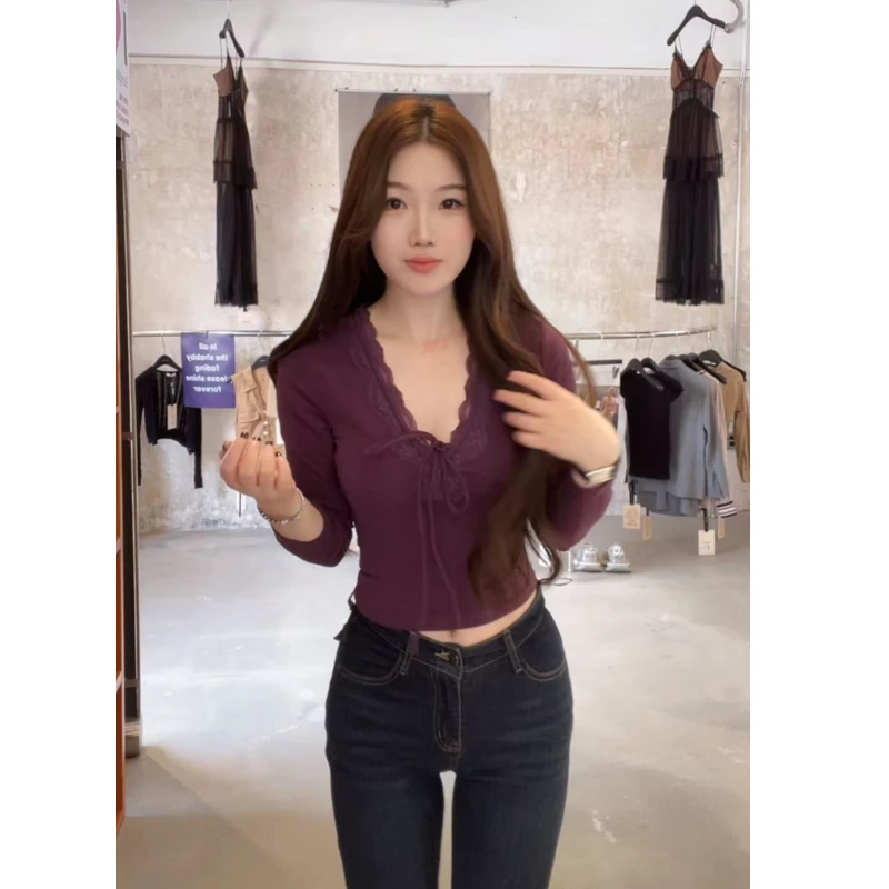 一只雪雪【暮夜之雾】新款初秋气质性感蕾丝拼接纯欲百搭打底上衣