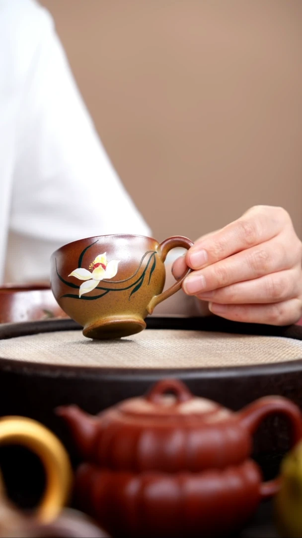 茶壶紫砂柴烧荷花手把杯