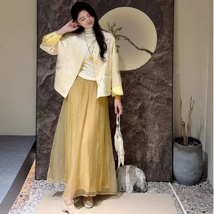 新中式CC女装国风套装裙清冷佛系禅意盘扣外套半身裙两件#240348