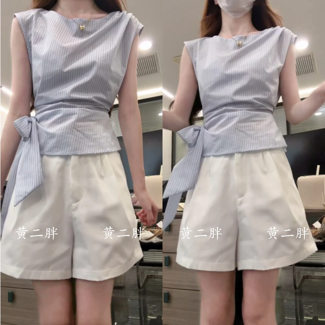 蓝色蝴蝶结不规则条纹衬衫女休闲通勤百搭阔腿裤套装2025夏季新款