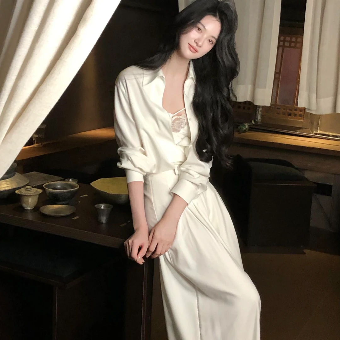 白色长袖衬衫外套内搭蕾丝吊带女春季2026新款高腰休闲阔腿裤套装