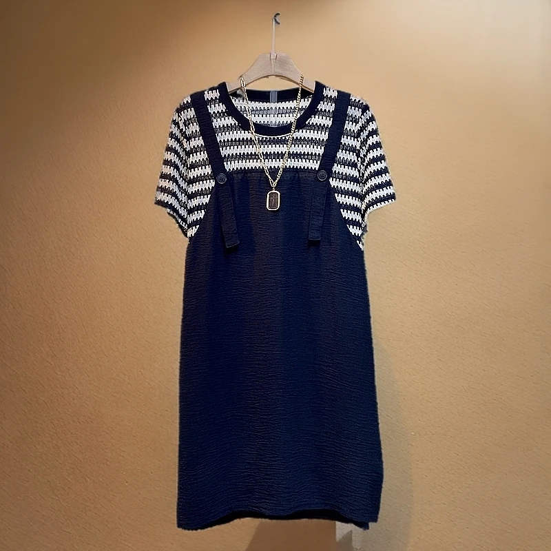 条纹背带圆领极简风大码连衣裙常规A字裙中长裙镂空长裙