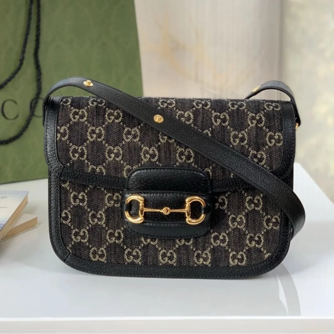 99新 GUCCI/古驰 1955马鞍包牛仔丹宁黑色百搭包 /23500/JM8455