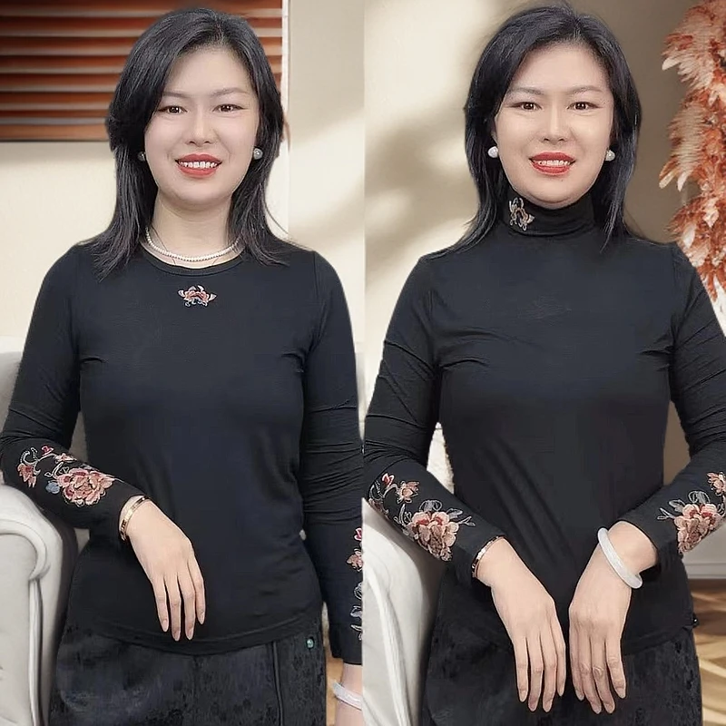 小兰国风新款民族风绣花打底【牡丹刺绣】时尚网红高弹黑色女士小衫