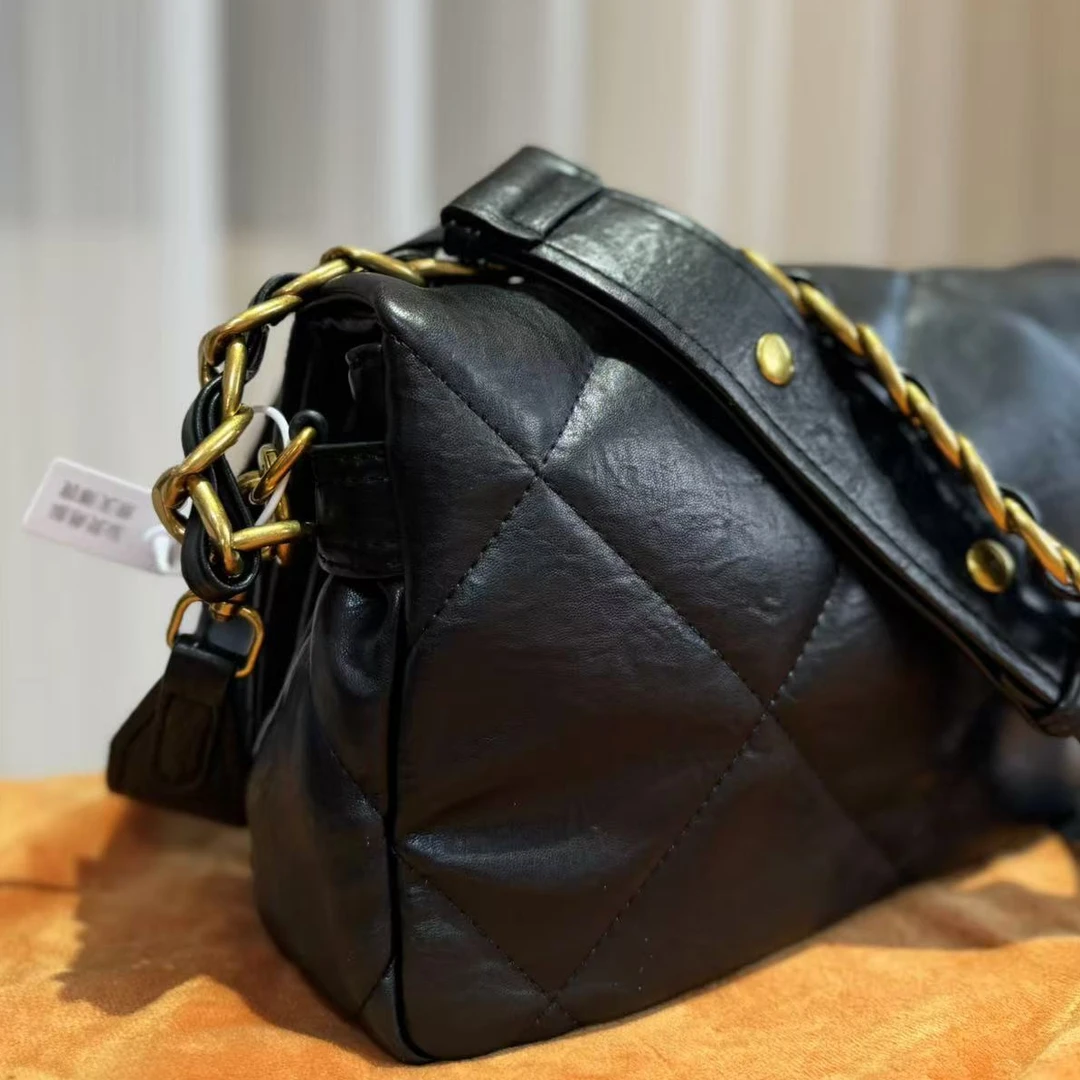 HIRMRIS手工真皮包CZ196  大翻盖小菱格林黑小号